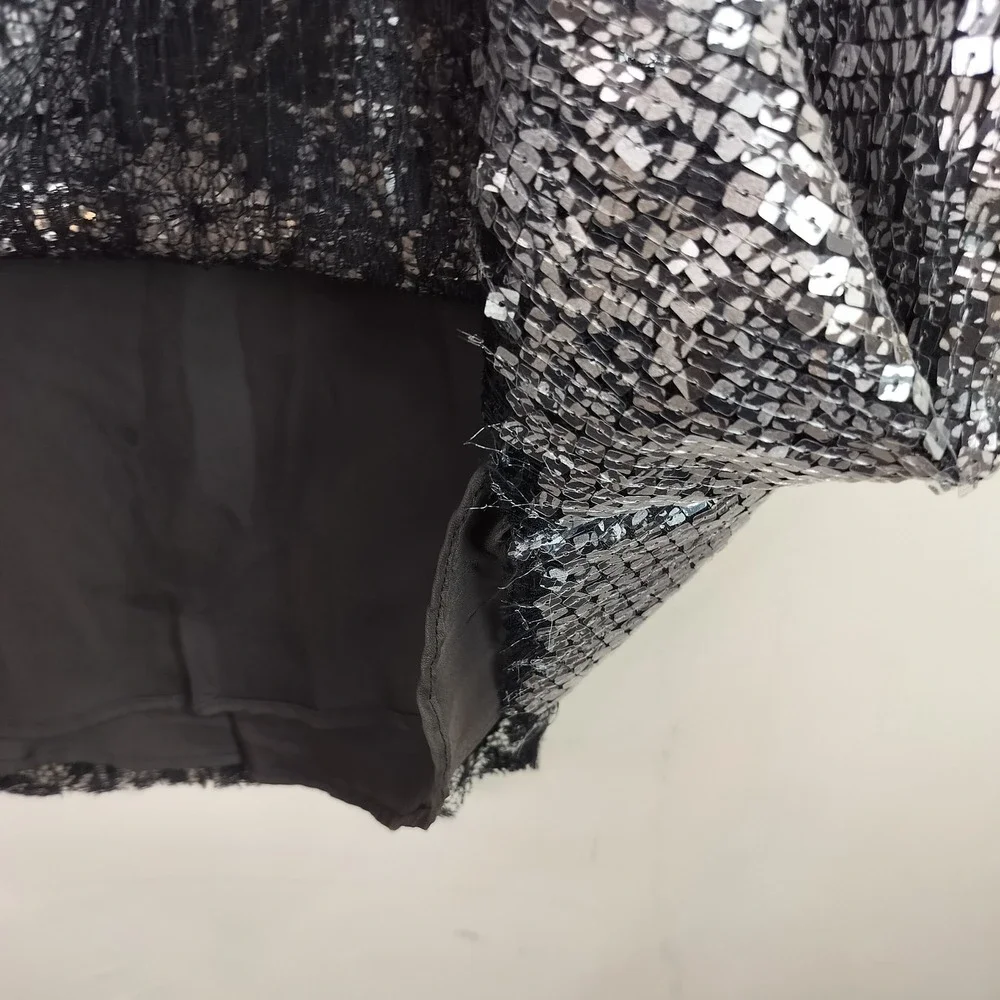 Free People Sequin Mini Dress Womens Medium Sheer Mesh V-Neck Party Glam Silver